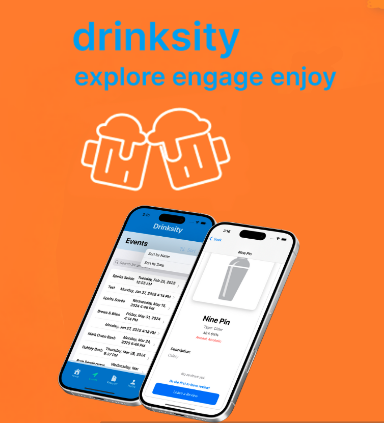 Drinksity app promotional graphic featuring two illustrated beer mugs clinking together, bold blue text drinksity and explore engage enjoy, and two smartphones displaying the Drinksity iOS app interface with event listings and beverage details. The background is bright orange, creating an energetic and inviting atmosphere.